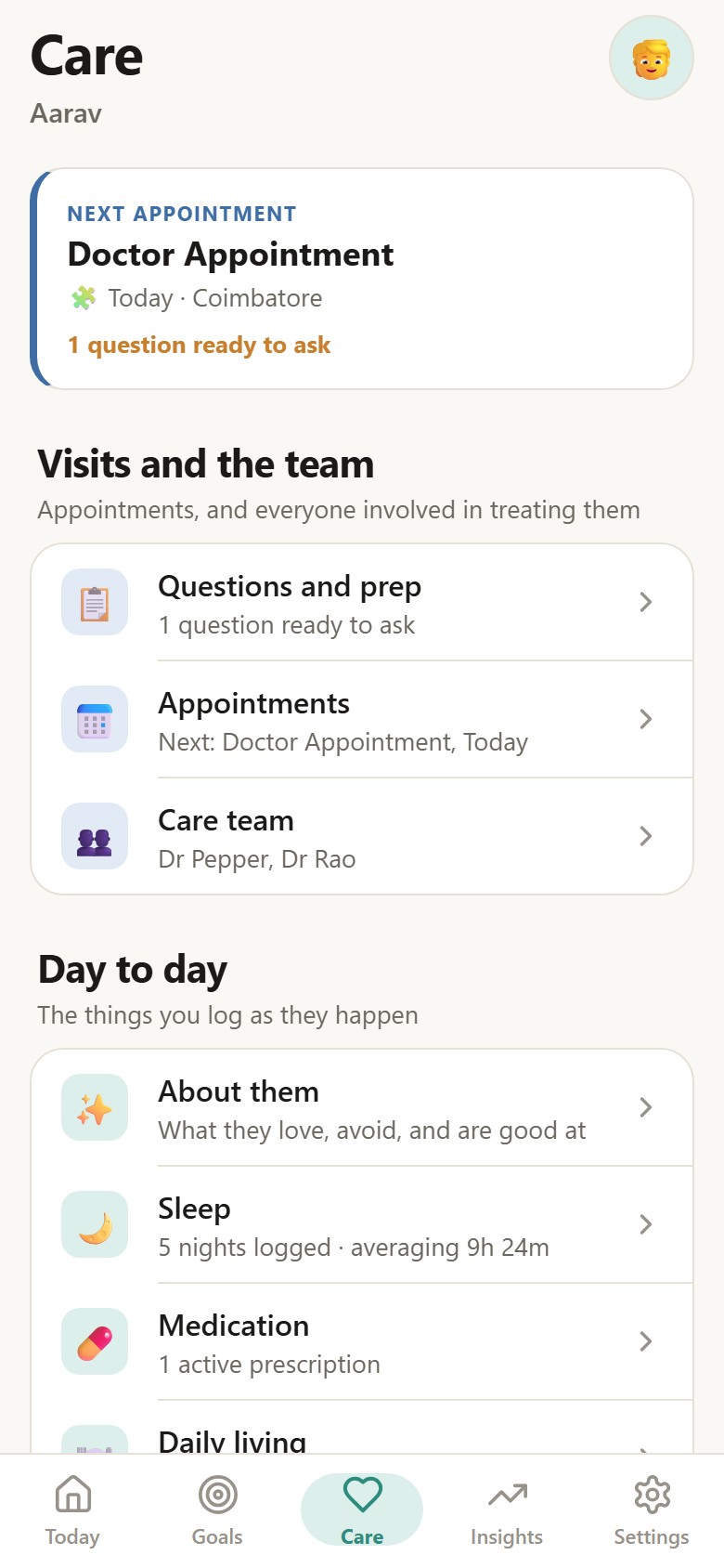 Medication, appointments, care team and questions