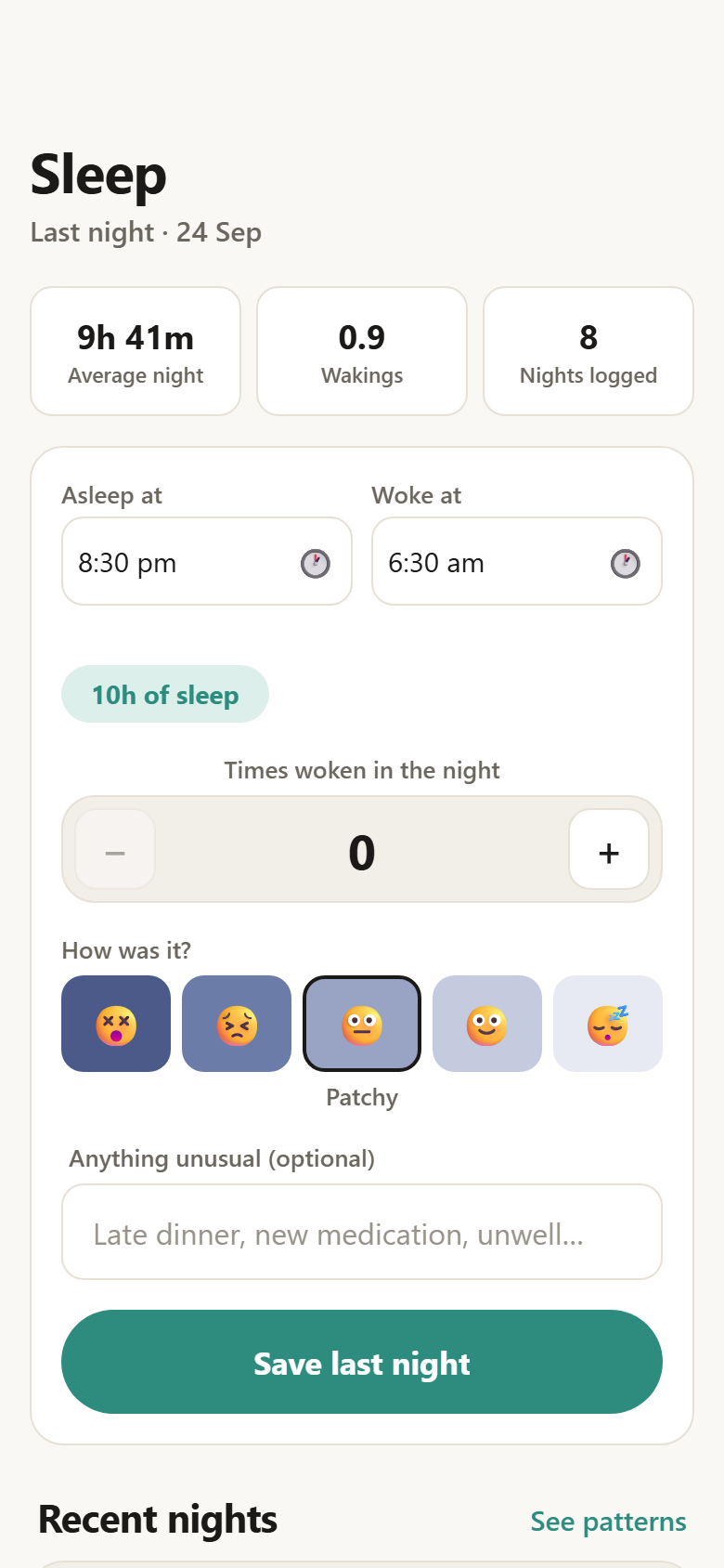 Logging last night: asleep at, woke at, wakings, and how it went